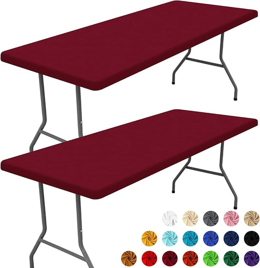 Spandex Picnic Table Cloth 2 Pack, Elastic Fitted Tablecloths for 8 Foot Rectangle Tables, Stretch Washable Patio Table Cover for Camping, Christmas & New Year Parties (Wine Red, 30"x96")