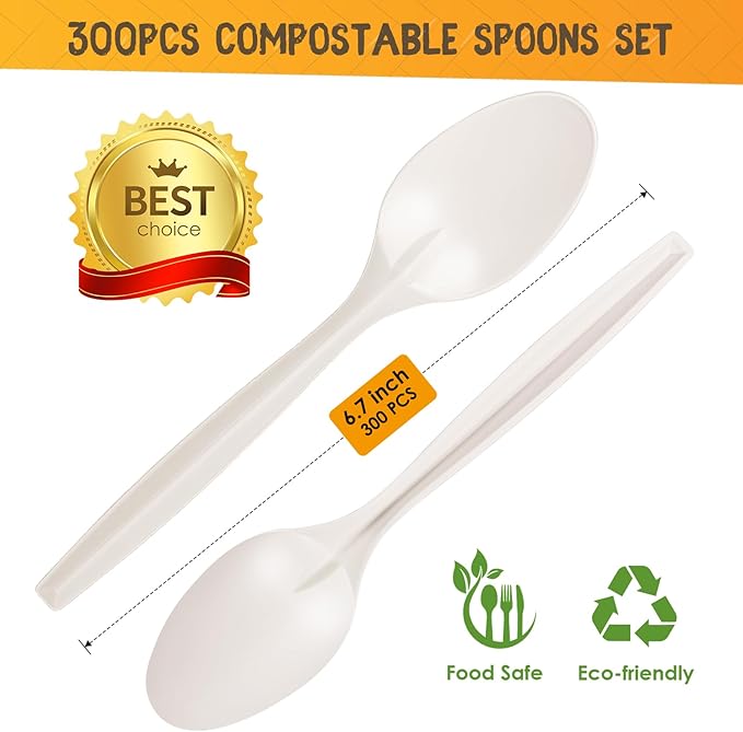 Gezond Compostable Spoons 300 Pack 6.7 Inch Disposable Spoons No Plastic Biodegradable Cutlery Set Heavy-duty for Party Wedding Camping Office Picnic