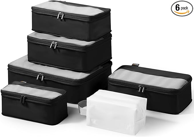 Compression Travel Packing Cubes, 6 Set Expandable Luggage Organizer Bags, Durable Travel Accessories for Suitcases, Backpacks, and Carry-Ons (Black)