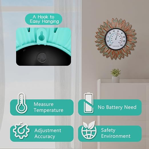 Sunflower Outdoor Thermometers, No Need Battery Indoor Themometer, 12" Metal Wall Thermometer with Large Number Easy to Read for Patio Room Decor