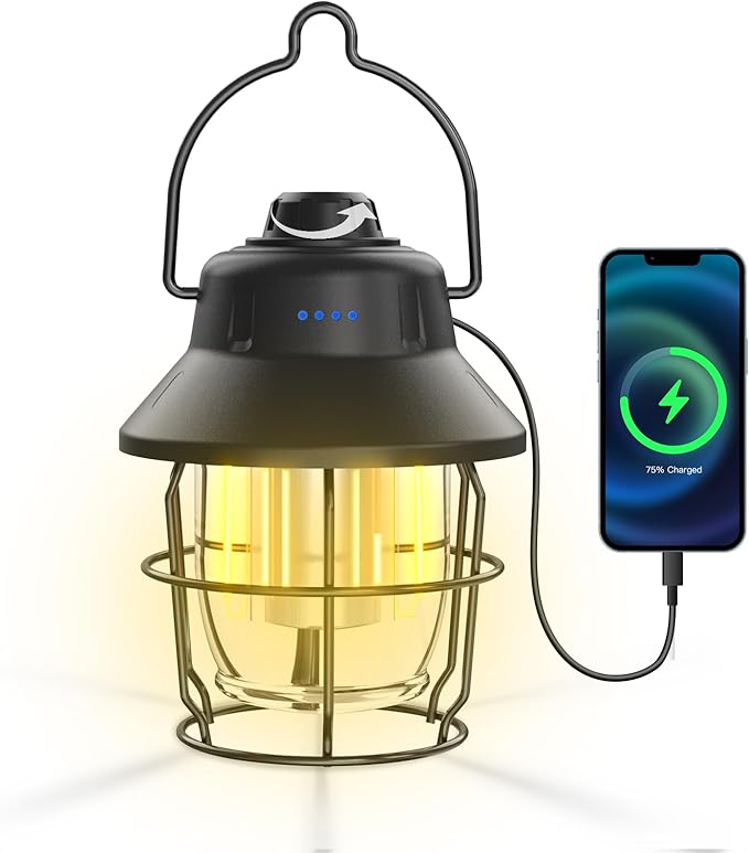 Rechargeable LED Camping Lantern, Mini Retro Portable Waterproof Lantern, 1000LM, 3 Light Modes (2700-6500K) Stepless Dimming Brightness, Hanging Tent Light for Camping, Power Outages