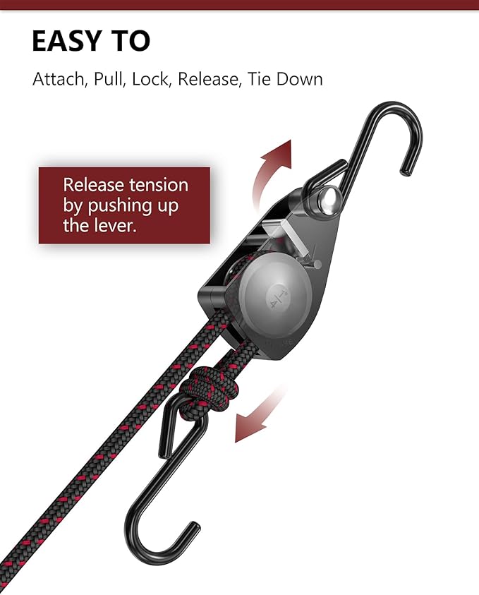 VIPARSPECTRA Ratchet Tie Down Straps, 1/4" Adjustable Rope Hangers [2 Pack, 12FT, 150 lbs/Pack], Heavy Duty Kayak Pulley System with Hooks for Garage Cargo Trucks Tents Grow Lights Various Lashing