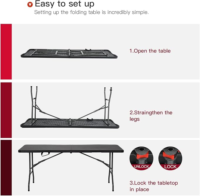 PayLessHere Folding Tables Plastic 6ft Folding Table Half Portable Foldable Table for for Parties Wedding BBQ Camping,Garden, Party, Black Ratten 6FT