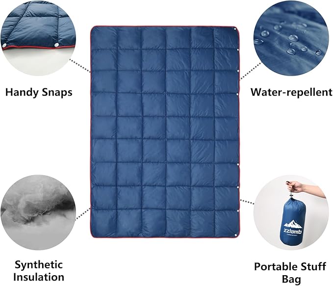 zzlamb Camping Blanket, Compact Lightweight Soft Puffy Blanket Water-Repellent, Packable Warm Quilt Down Alternative Picnic Hiking Backpacking Beach Travel RV Airplane Couch Car