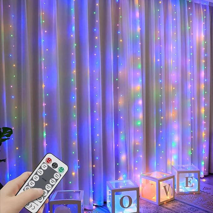YEOLEH Curtain String Lights, Waterproof Copper Wire Curtain Lights with Control, 8 Modes USB Fairy Lights Plug in Good for Wedding Bedroom Party Home Christmas Decorations,(Colorful,7.9Ft x 5.9Ft)