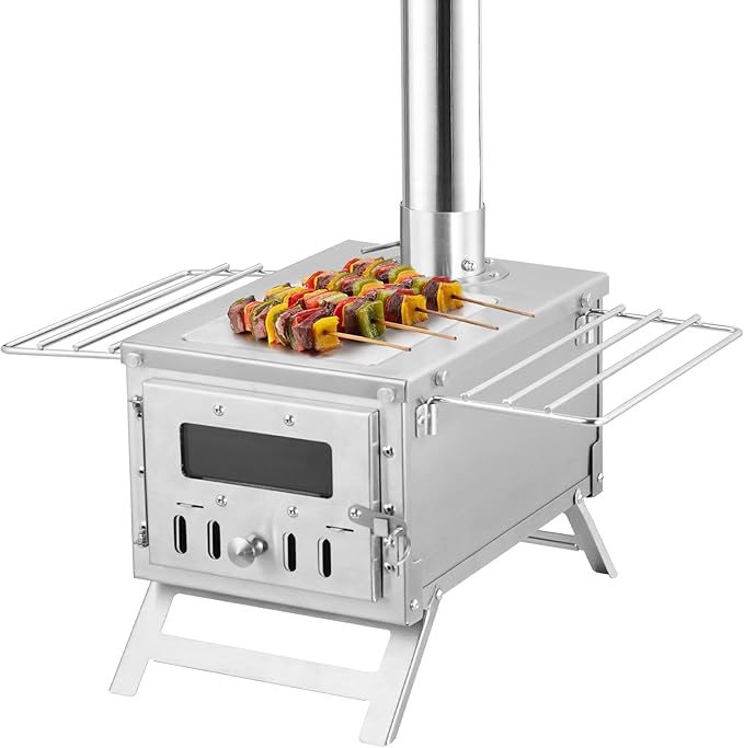 VEVOR Camping Wood Stove Stainless Steel Camping Tent Stove, Portable Wood Burning Stove with Chimney Pipes & Gloves, 700in³Firebox Hot Tent Stove for Outdoor Cooking and Heating with 8 Pipes