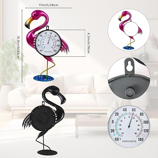 Flamingo Outdoor Thermometer, 17" H Wall Thermomter with No Need Battery, Indoor Thermometer Large Easy to Read for Patio Room Decor