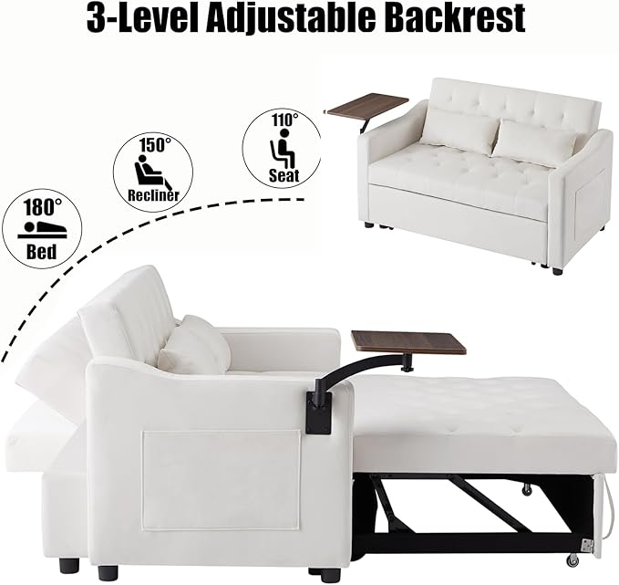 53.15" Convertible Sleeper Sofa Bed with Swivel Table, Adjustable Backrest & Side Pocket, Pull-Out Velvet Loveseat Futon for Small Spaces, Easy Assembly, 3-in-1 Couch Bed for Living Room