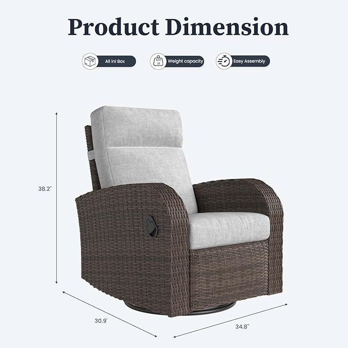 Outdoor Wicker Recliner Chair Set of 2 High Back Patio 360°Swivel Reclining Lounge Chair with 6-Inch Thick Cushion
