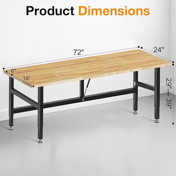 72” Folding Workbench, 3000 LBS Capacity Heavy Duty Workbench, Height Adjustable Foldable Work Table, Rubberwood Collapsible Desk for Workshop, Garage, Office, Home
