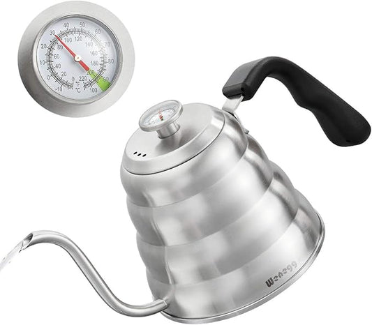 Pour Over Coffee Kettle with Thermometer for Exact Temperature 40 fl oz - Premium Stainless Steel Gooseneck Tea Kettle for Drip Coffee, French Press and Tea - Works on Stove and Any Heat Source