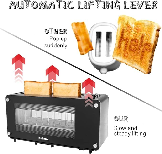 Toaster 2 Slice, CUSIMAX Toaster Long Slot with Glass Window Bagel Toasters, Artisan Bread Toaster Stainless Steel Wide Slot with Automatic Lifting, Slide-out Glass Panel and Removable Crumb Tray, Black Toaster