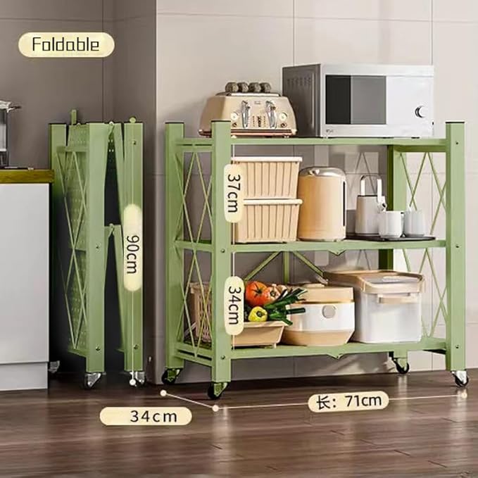 4-Tire Storage Rack, 28*13*34.5in Foldable Metal Garage Storage Shelves Organizer, Portable Metal Kitchen Shelving, Closet Shelving Unit Bakers Rack Microwave Stand, Green(Tiered Shelf-3)
