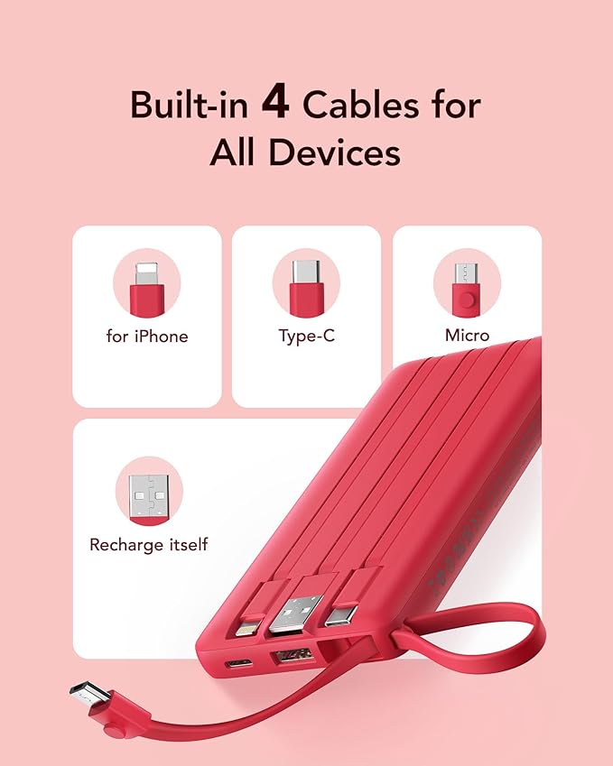 VRURC Portable Charger, 10000mAh Power Bank Built in Cables for iPhone, Slim Compact Travel Essentail, 5 Outputs 2 Inputs USB C Battery Pack for iPhone 16 15 14 13, Samsung, Android etc-Red