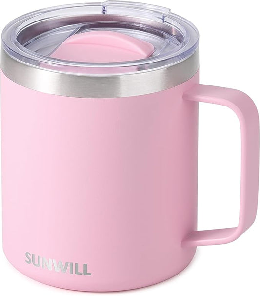 SUNWILL Insulated Coffee Mug with Lid, Travel Tumbler Reusable, 14 oz Stainless Steel Cup for Camping, Office, Home, Powder Coated Sakura