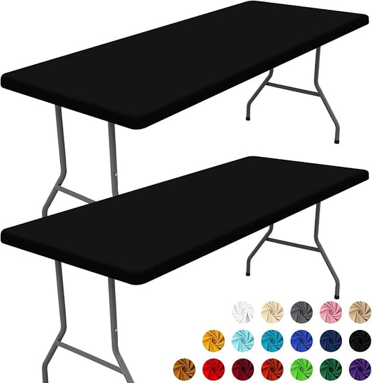 Spandex Picnic Table Cloth 2 Pack, Elastic Fitted Tablecloths for 6 Foot Rectangle Tables, Stretch Washable Patio Table Cover for Outdoor, Camping, Banquet and Parties (Black, 30"x72")