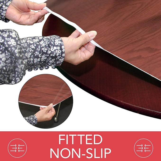 LAMINET Woodgrain Elastic Round Table Cover, Large, Mahogany Wood