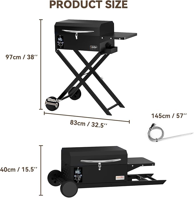 Onlyfire BBQ Wood Pellet Grill Smoker with Foldable Cart, Meat Probe, 2 Tiers Cooking Area, Portable Tabletop Grilling Stove for Outdoor Kitchen Cooking Smoke and Roast, RV Camping, Black GS343