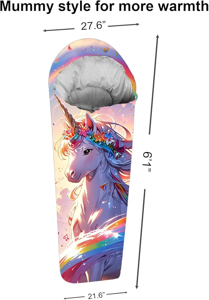Mummy Style 32 – 59F Kids Sleeping Bag with Pillow Sleeve, Full Scale Digital Printing Unicorn, Mermaid, Kitty or Puppy, Lightweight, Ideal for Camping, Sleepover, Boys, Girls, Youth and Toddlers