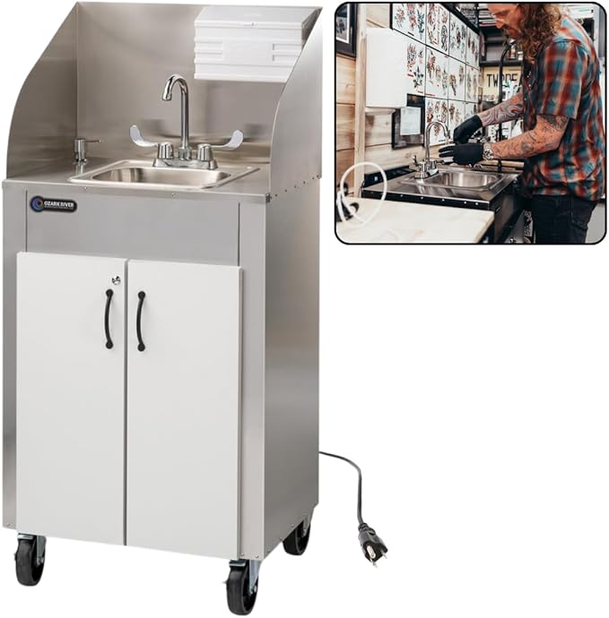 Ozark River Portable Sinks Elite PRO1, Free Standing Portable Concession Sink, Commercial Restaurant Portable Sink with Hot Water, Stainless Food Service Sink, White Doors-White Edges-Splashguard
