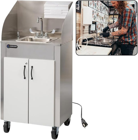 Ozark River Portable Sinks Elite PRO1, Free Standing Portable Concession Sink, Commercial Restaurant Portable Sink with Hot Water, Stainless Food Service Sink, White Doors-White Edges-Splashguard