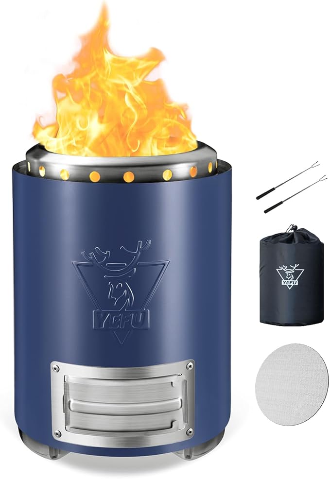 YEFU Tabletop Fire Pit 9.7 x 7.1 in, Flame Intensity Control Camping Stove for Outdoor & Patio, Fueled by Pellets or Wood, Safe Burning Table Top Firepit, with Travel Bag & 2 Mini Sticks, Blue