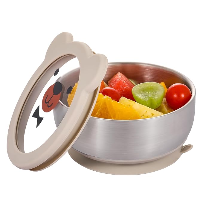 MR. CHOU Baby Bowls with Non-Slip Silicone Suction Cup, Insulated Double-Layer 304 Stainless Steel Toddler Bowls with BPA Free Airtight Lids, Food-Grade Silicone Safe for Kids (Beige)