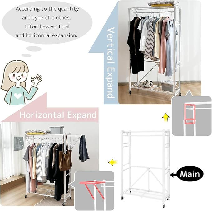 lumizone Folding Clothing Rack with Wheels Expandable Wardrobe Portable Clothes Rack for Hanging Clothes Adjustable Closet Shelves Garment Rack Durable Closet Racks for Hanging Clothes(White)