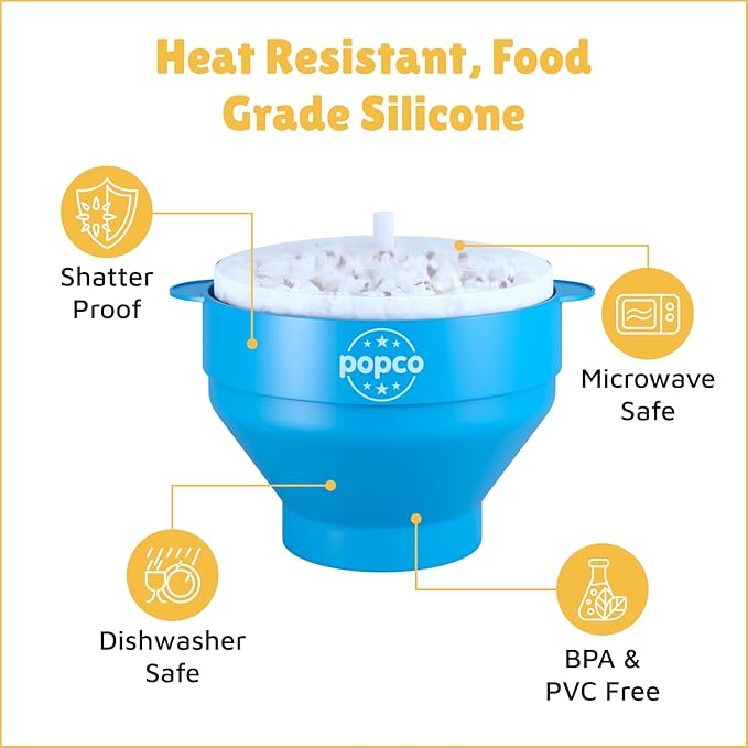 POPCO Silicone Popcorn Maker - Microwave Popcorn Popper - Collapsible Bowl, Heat-Resistant, Easy to Clean, Ideal for Family Movie Nights, 15-Cup Capacity - Transparent Glacier Blue