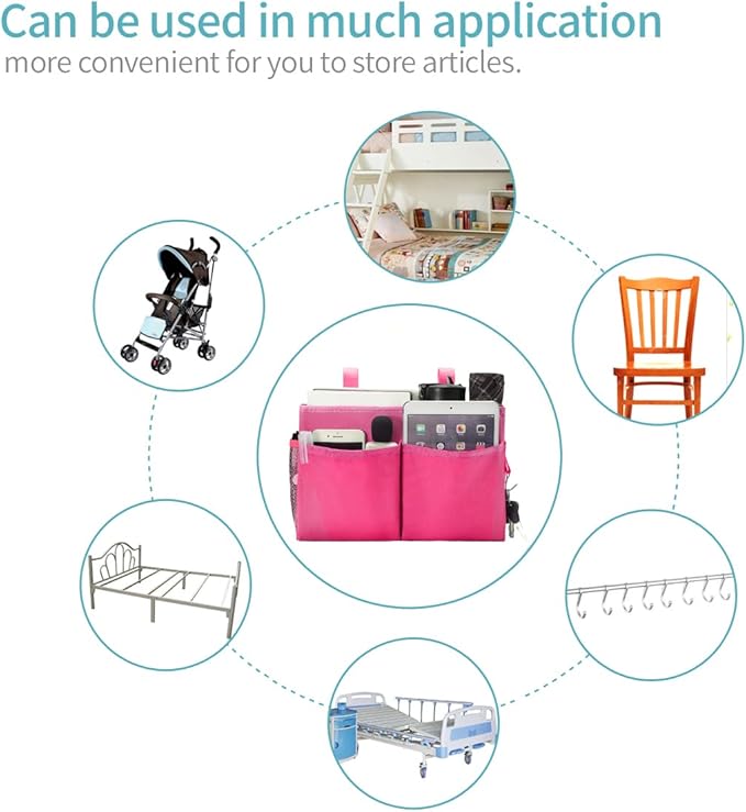 Bunk Bed Organizer, Bedside Caddy Hanging Bed Organizer Storage Bag with 4 Pockets and 2 Hooks, for College Dorm Rooms Bed, Hospital Bed, Baby Bed Rails, 600D Oxford Cloth (Pink)