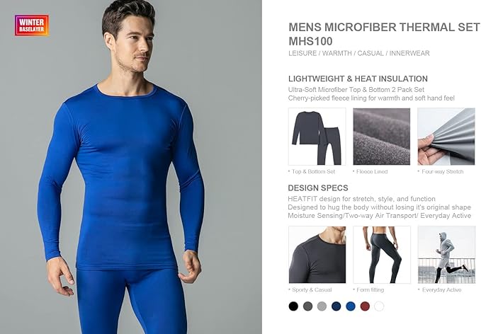 TSLA Men's Thermal Underwear Set, Microfiber Soft Fleece Lined Long Johns, Winter Warm Base Layer Top & Bottom