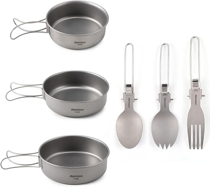 Titanium Camping Bowls and Utensils Set, Lightweight Portable Titanium Plates with Folding Handle & Forks Spoons Travel Cutlery Dinnerware for Outdoor Camping Backpacking Hiking Picnic