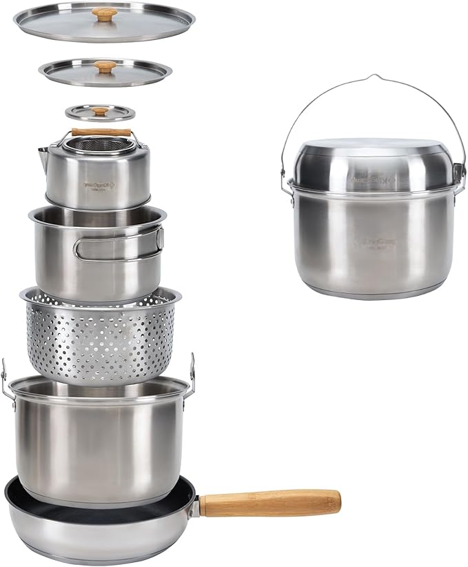 KingCamp Camping Cookware Set 304 Stainless Steel Campfire Cooking Pots Pan and Kettle with Travel Tote Bag for Camping Outdoor Kitchen Cooking Picnic for 4-6