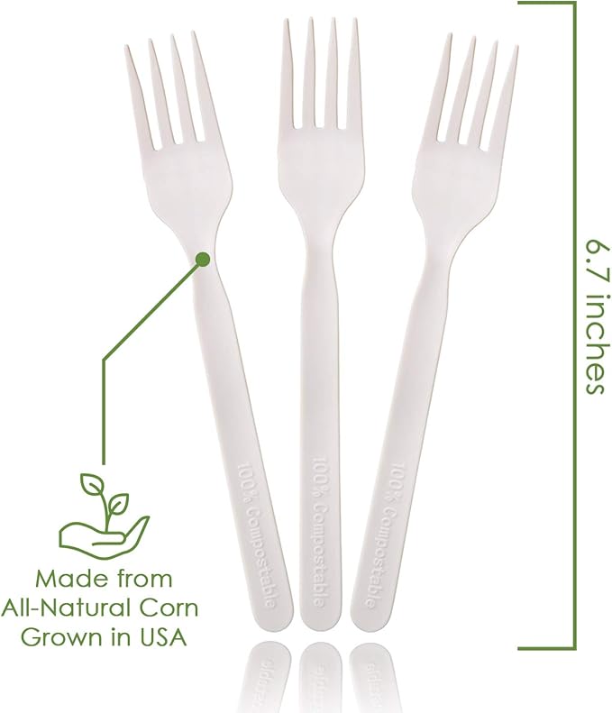 100% Compostable Forks - 140 Large Disposable Utensils (7 in.) Eco Friendly Durable and Heat Resistant Alternative to Plastic Forks with Convenient Tray by Ecovita