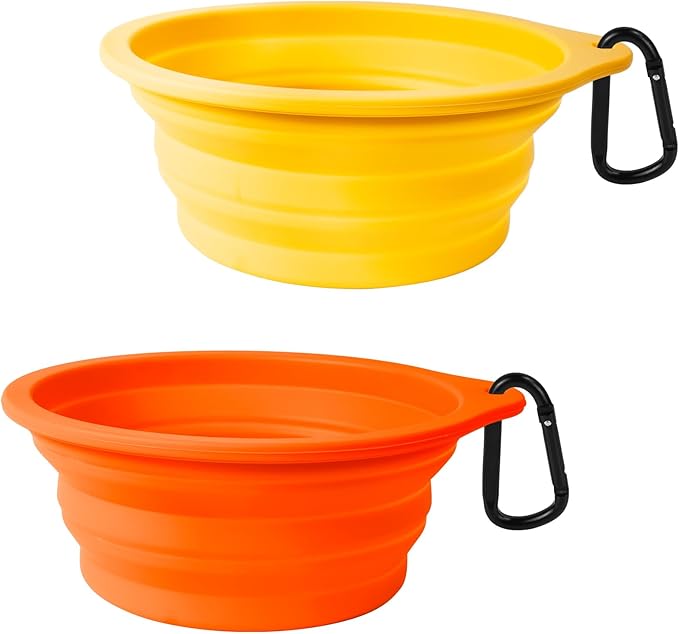 PetBonus 2-Pack Silicone Collapsible Dog Bowls, BPA Free Dishwasher Safe, Portable Foldable Expandable Travel Bowl, Food Water Feeding Cup Dish for Dogs Cats with 2 Carabiners (Orange, Yellow)