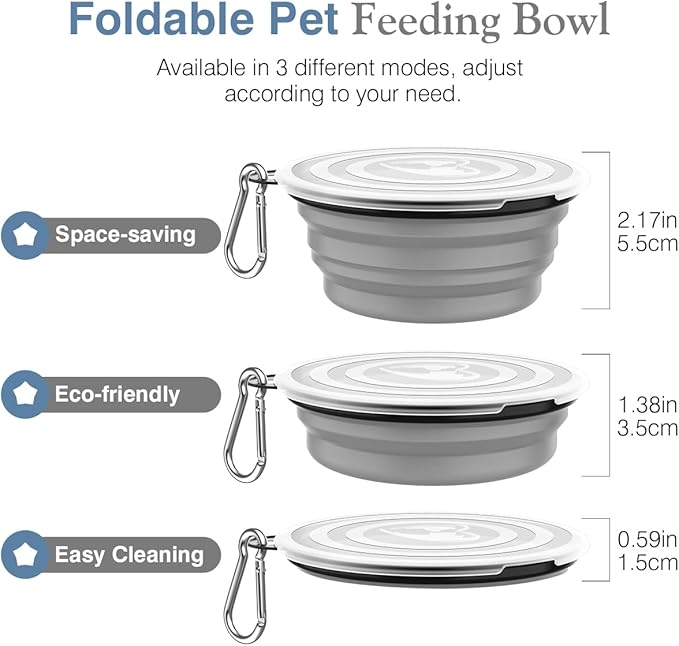 Pawaboo Collapsible Dog Bowls 2 Pack, Silicone Feeding Watering Bowls with Lids & Carabiners for Dogs Cats, Portable Water Feeder Food Bowl for Walking Traveling Home Use, Blue + Grey
