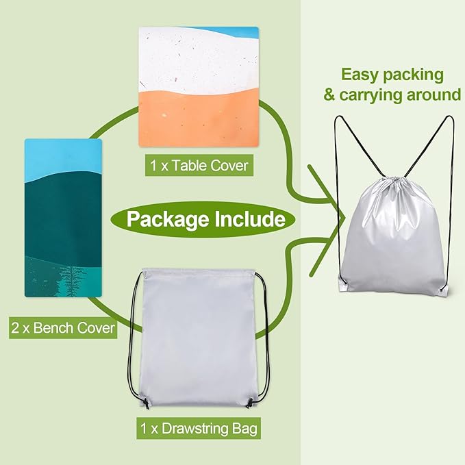 Picnic Table Cover with Bench Covers Camping Essentials Waterproof Windproof Camping Tablecloth with Drawstring Bag, Fitted Rectangle Tables and Seats, 96in, Orange Blue