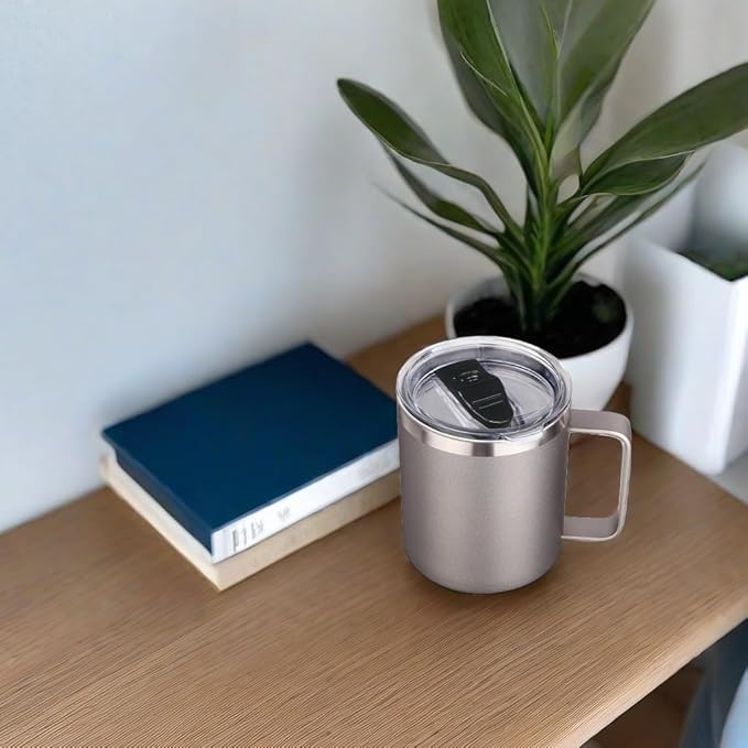 Volhoply 14oz Insulated Stainless Steel Coffee Mug with Leakproof Lid,Double Wall Vacuum Travel Coffee Cup with Handle,Reusable Metal Cups Tumbler, Camping Mugs Keep Hot/Cold,Ideal Gifts(Gray,1 Set)