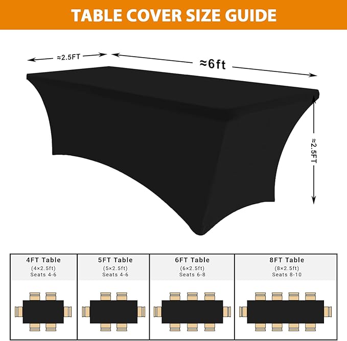 Eurmax USA Rectangular Fitted Spandex Table Covers 6ft Tablecloth Wedding Event Patio Table Decorations Stretch Table Cover for 6ft Folding Table (Black,2 Pack)