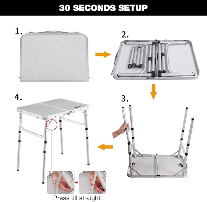 REDCAMP Small Camping Table 2 Foot, Portable Aluminum Frame Folding Table Adjustable Height Lightweight for Picnic Beach Outdoor Indoor, White 24 x 16 inch (3 Heights)