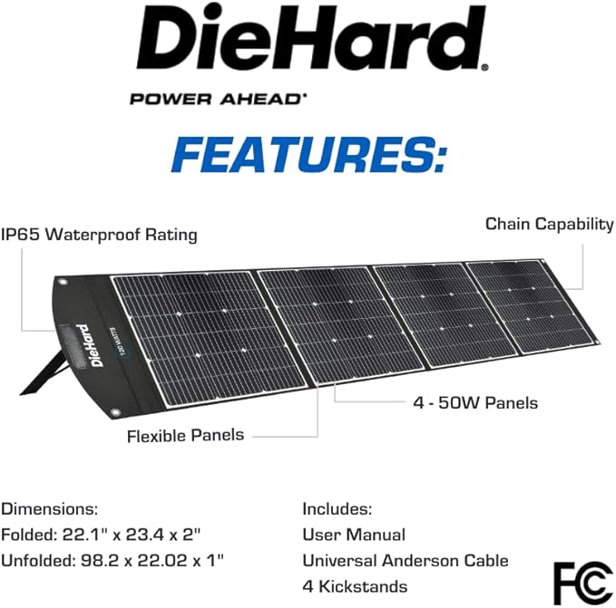 DieHard Solar Panel, 200-Watt, Foldable, Flexible, Lightweight, Portable - Designed for use with DieHard Portable Power Stations
