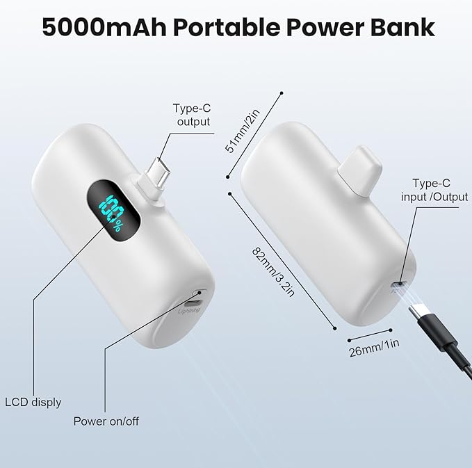 Mini Portable Charger USB C Power Bank, Upgraded 5000mAh PD Fast Charging Battery Pack Built-in USB-C Connector,LCD Display,Compatible with iPhone 15,15 Plus,15 Pro/Max,iPad Pro/Air Android Phone etc