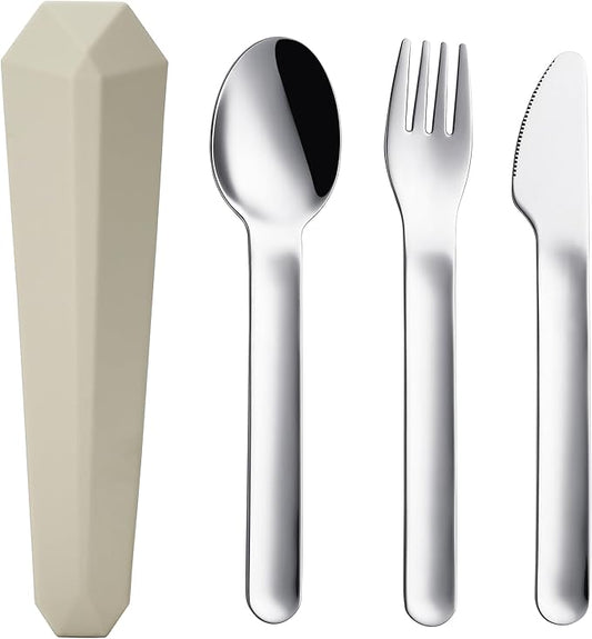 DEVICO Travel Utensils with Case, Reusable Camping Silverware Cutlery, 18/8 Stainless Steel Portable Fork Spoon Knife Set for Lunch Picnic School Workplace (Khaki)