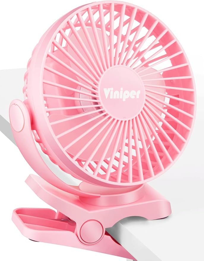 Viniper 6 inch Rechargeable Clip on Fan, 5000mah Battery Desk Fan : 360° Rotation & 3 Speeds Strong Wind Portable Fan, 8-30 Working Hours, Quiet and Powerful (Pink)