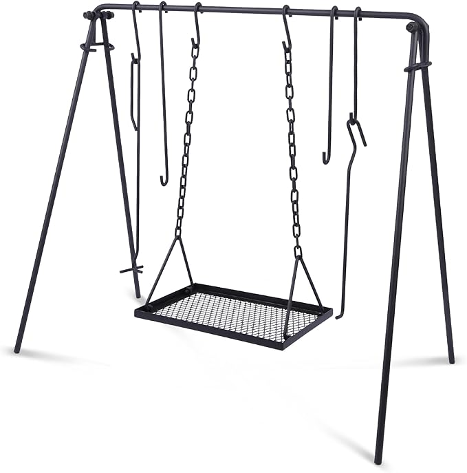 Lineslife Grill Swing Campfire Cooking Stand with Height Adjustable Iron Grill Grate, Collapsible Cooking Rack with Hooks and Accessories for BBQ Picnic, Outdoor Camping Cookware, Dutch Oven