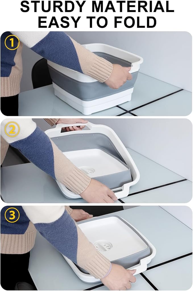 Collapsible Wash Basin with Drain Plug 9L (2.4Gal), Dishpan for Washing Dishes Basin,Collapsible Dish Tub Portable Sink for Kitchen Sink, Camping RV Washing Tub(Gray)