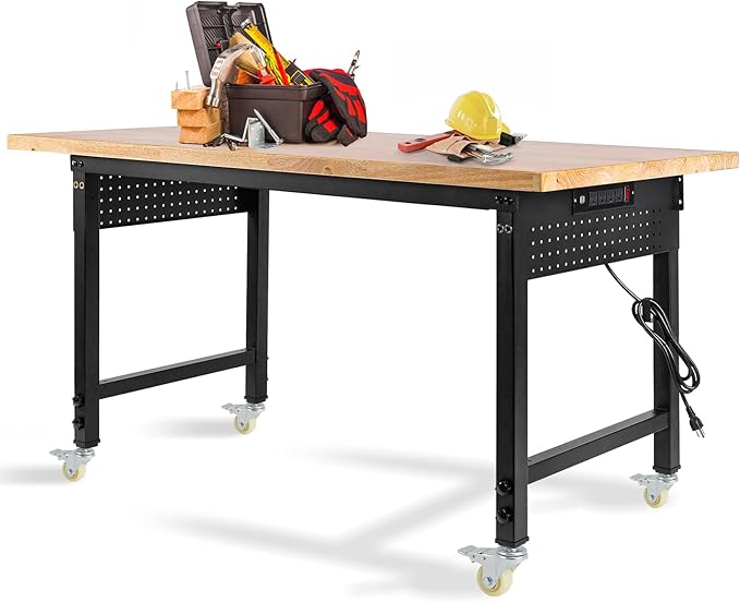 Height Adjustable Workbench with Wheels 60”×22” Heavy Duty Work Table 2000 LBS Capacity Rolling Work Table Rubber Wood Work Station with Power Outlet & Pegboard for Garage, Office, Workshop