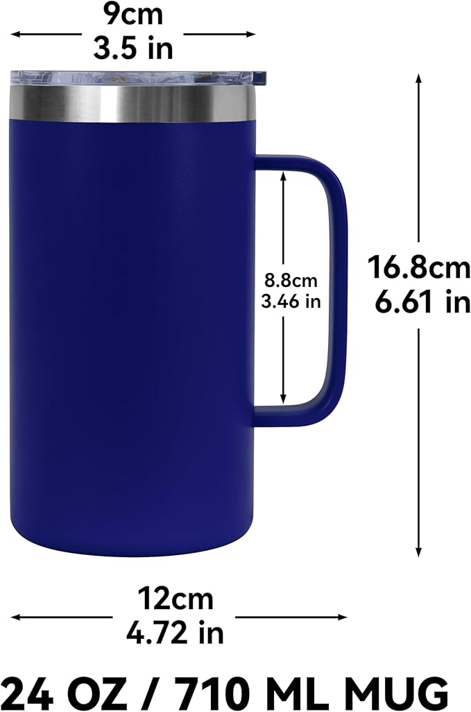 DOMICARE 24oz Mug with Handle and Lid, Stainless Steel Coffee Mug, Reusable Insulated Cup, Travel Mug with Handle, Double Wall Vacuum Coffee Tumbler for Men and Women, Dark Blue, Pack 1