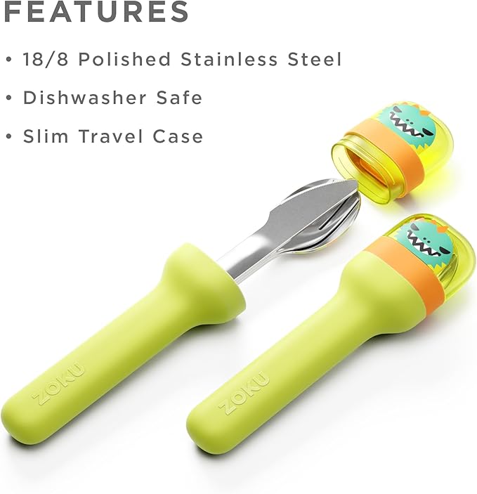 ZOKU Kids Pocket Utensil Set, Dino - Kids Silverware Set - Stainless Steel Fork, Knife, and Spoon in Case - Portable Design for Travel, School, Work, Picnics, Camping and Outdoor Home Use