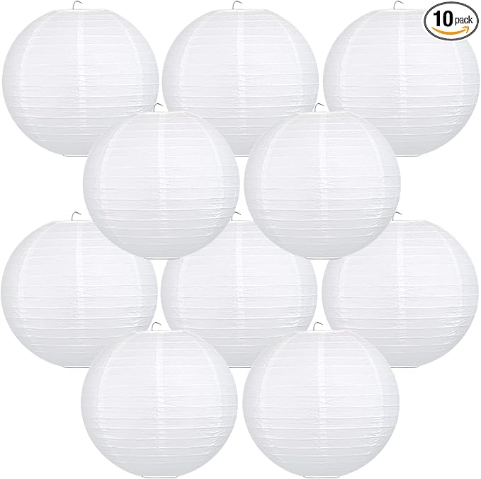 10Pcs 16 Inch Round Paper Lanterns for Home Decor, Restaurant, Church, Wedding, Birthday Party Decorations, Hanging Chinese Japanese Paper Lantern Lamps (White)